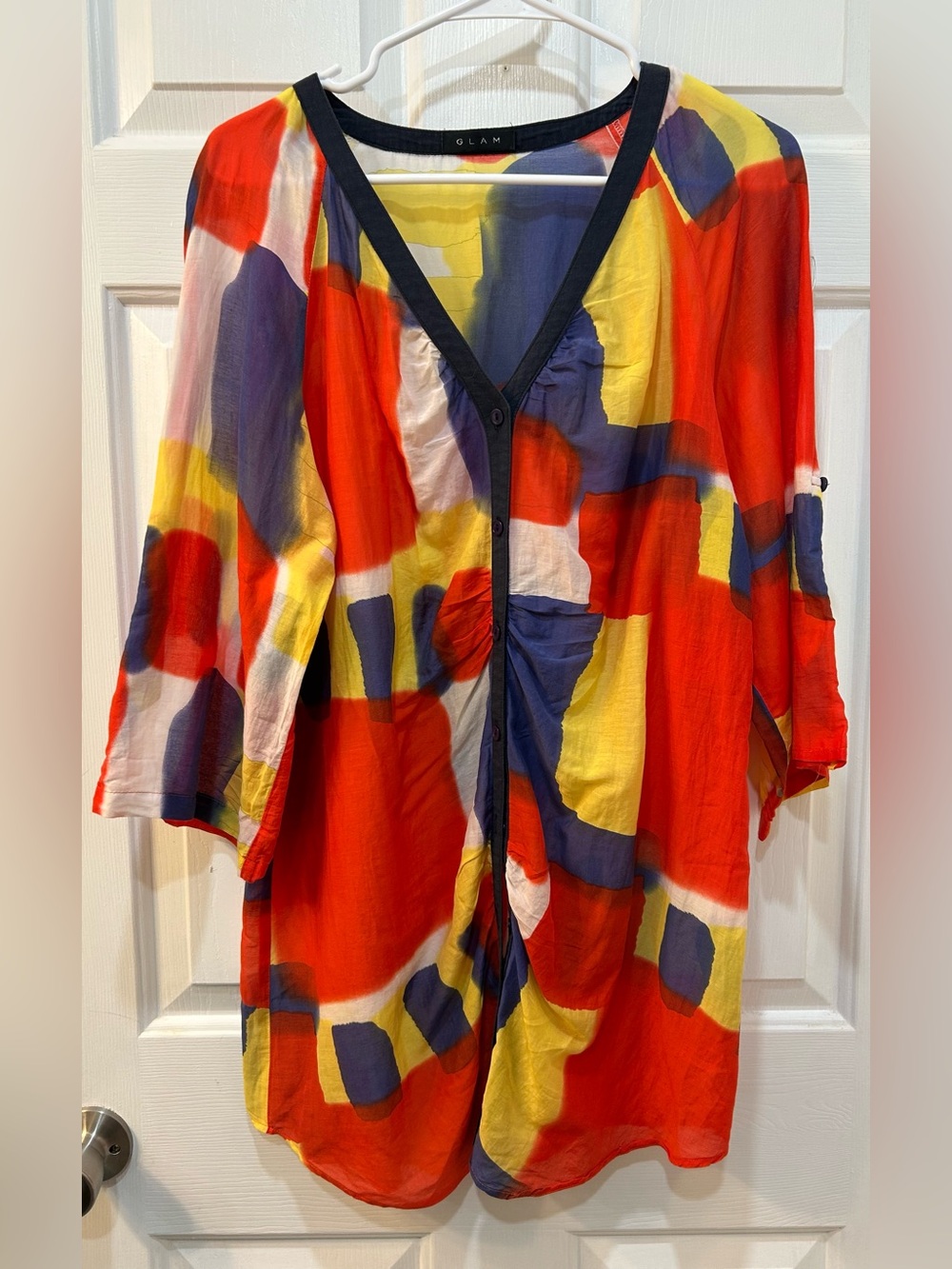 Glam‎ Silk Cotton Abstract Watercolor Tunic Blouse Sz L Artsy Festival Cover